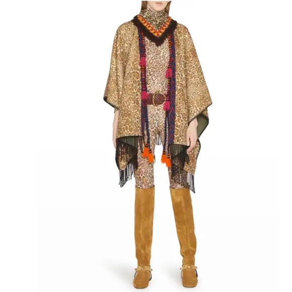 ETRO Milano wool cape / cloak - leopard print, fringe, woven edging SHOWSTOPPER - Picture 12 of 16